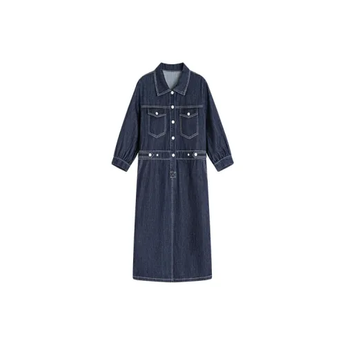 Famanxuan Long-Sleeved Dresses Women's Dark Denim Blue