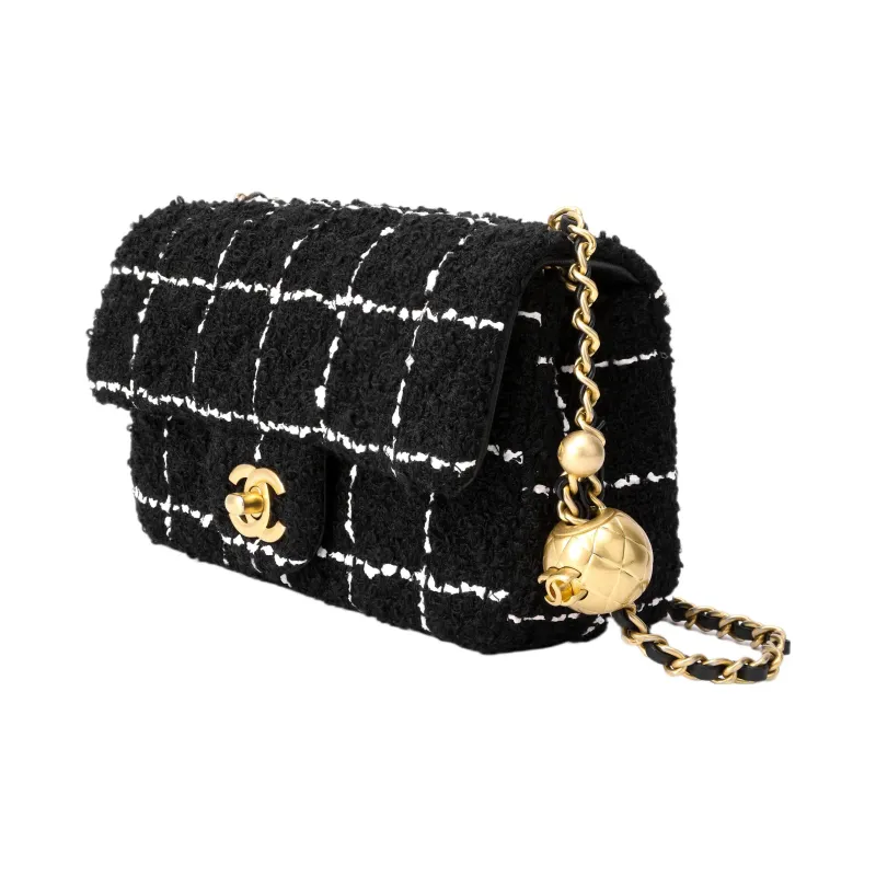 CHANEL Classic Flap CF Soft Woolen Tweed Chain Bag, Flap Bag, Shoulder Bag, Crossbody Bag Mini Women's Black-1