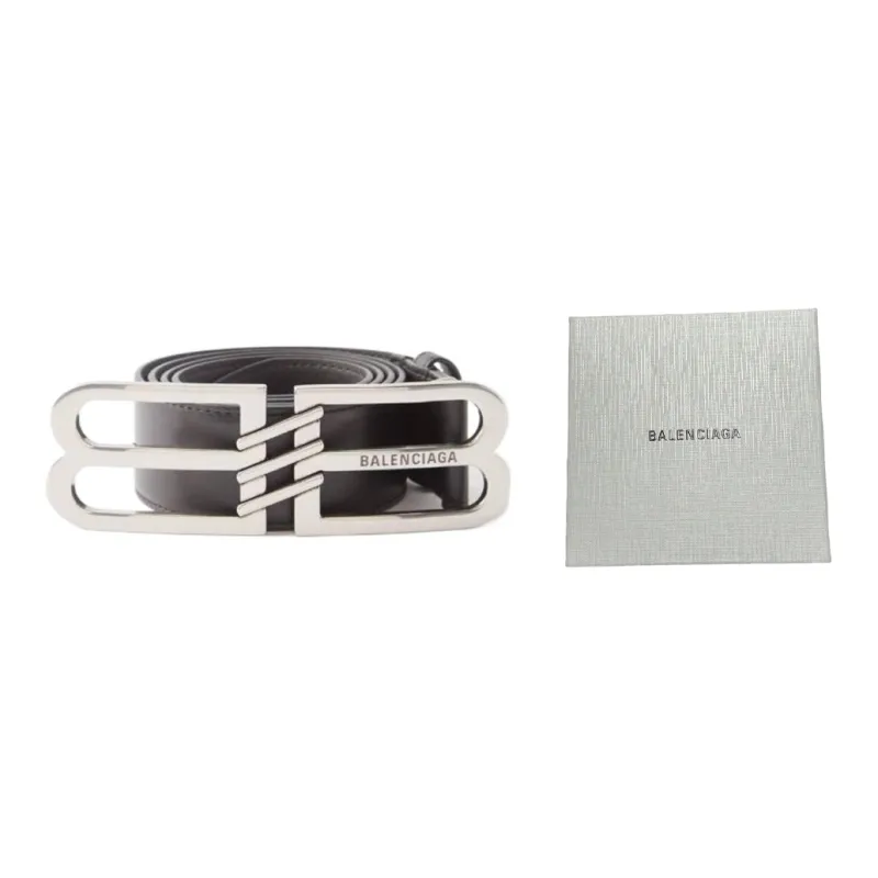 Balenciaga Double B Logo Lettering Engraved Smooth Buckle Calfskin Leather Belts Men's Black-2