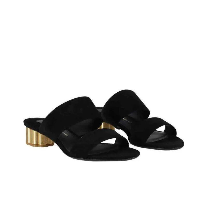 FERRAGAMO Rubber Sole Totem Leather Patchwork Slip-Resistant Slide Slippers Women's Black-3