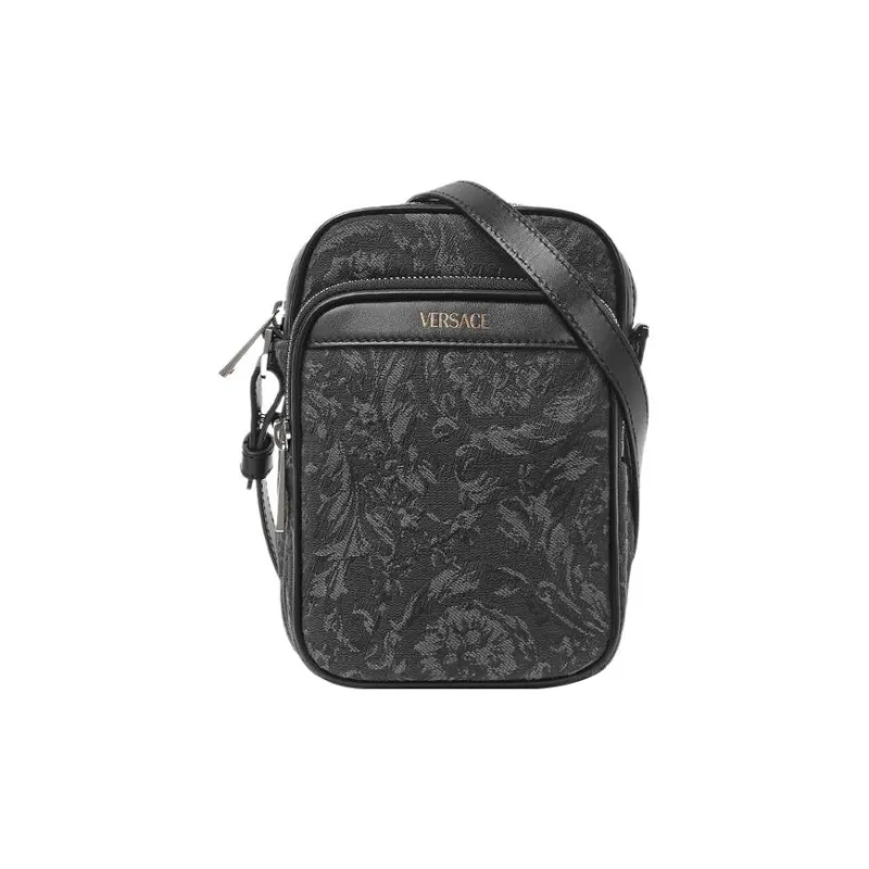 VERSACE Barocco Polyamide With Cotton Cell Phone Pouch Shoulder Bag Crossbody Bag Small Size Men's Black & Print-0