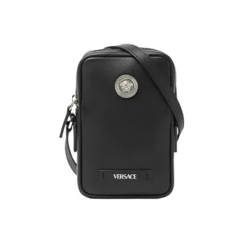 VERSACE MEDUSA BIGGIE Series Cow Leather Cell Phone Pouch Shoulder Bag Crossbody Bag Small Size Men's Black