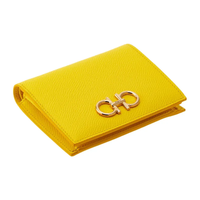 FERRAGAMO GANCINI Calfskin Wallet Women's Yellow Glue Snow Pine Wood-1