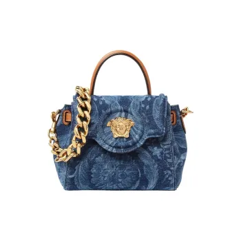 VERSACE Barocco Denim Fabric Shoulder Bag Crossbody Bag Handbag Small Size Women's Blue