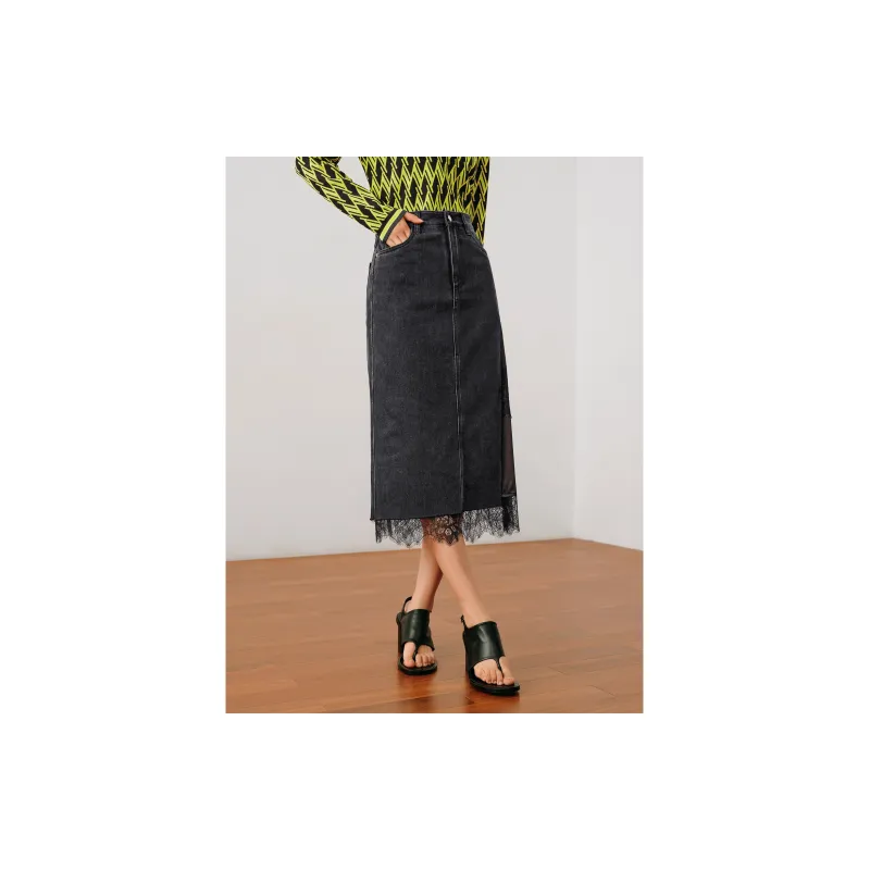 JZ. ANNAKRO Denim Long Skirts Women's Plain Black-3