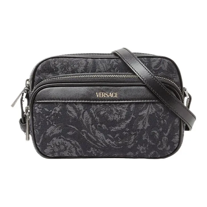 VERSACE Barocco Polyamide With Cotton Messenger Bag, Shoulder Bag, Crossbody Bag Men's Black & Print-0