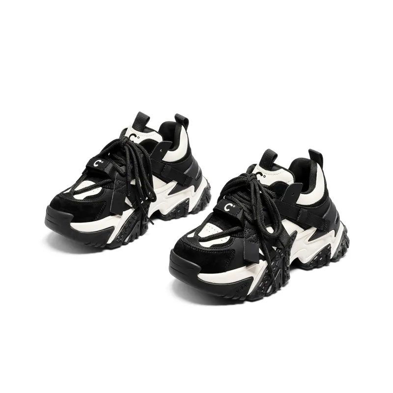 C°BANNER Height Increasing Low Top Chunky Sneakers Women's Beige Black-2