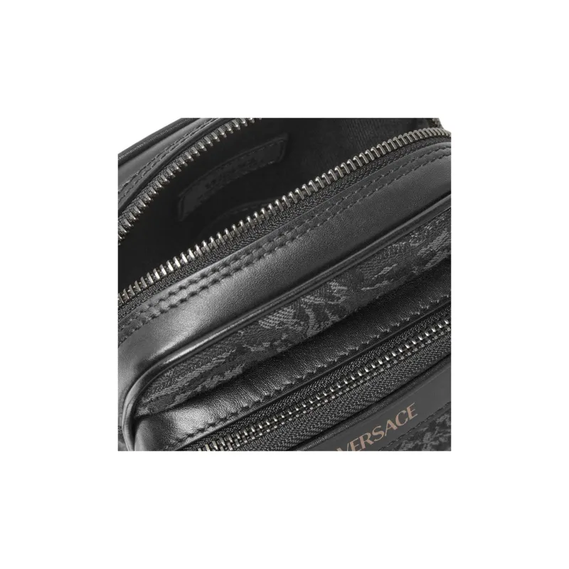 VERSACE Barocco Polyamide With Cotton Cell Phone Pouch Shoulder Bag Crossbody Bag Small Size Men's Black & Print-3