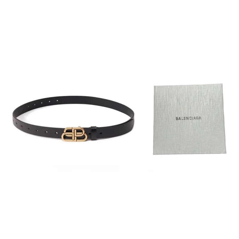 Balenciaga BB Logo Cut Out Decoration Smooth Buckle Leather Belts Men's Black Width 3.5CM-2