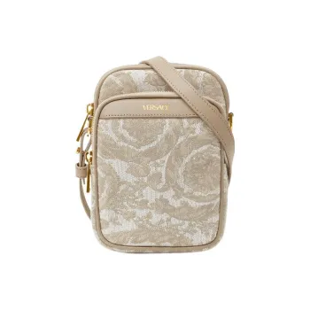 VERSACE Barocco Polyamide With Cotton Cell Phone Pouch Shoulder Bag Crossbody Bag Small Size Men's Beige Patch Print