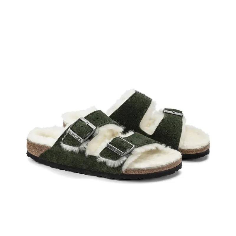 Birkenstock Arizona Shearling Sandal Suede Leather Narrow Fit 'Green' Women's-6