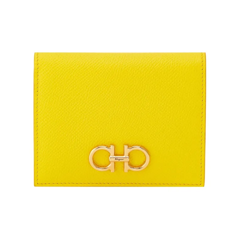FERRAGAMO GANCINI Calfskin Wallet Women's Yellow Glue Snow Pine Wood-0