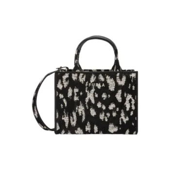 Furla Opportunity Jacquard Fabric Tote Bag Shopping Bag Shoulder Bag Handbag Mini Women's Black With Light Gray