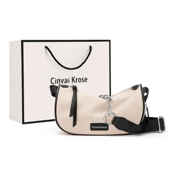 Simvay Clos Fabric With Synthetic Leather Shoulder Bag Crossbody Bag Canvas Bag Small Size Women's Ecru/Black