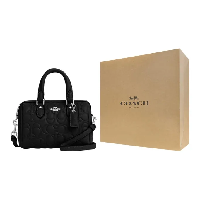 COACH Rowan Leather Boston Bag, Handbag, Shoulder Bag, Crossbody Bag Trumpets Women's Black-5