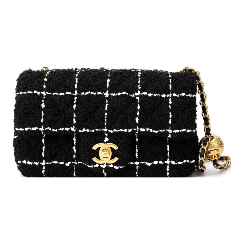 CHANEL Classic Flap CF Soft Woolen Tweed Chain Bag, Flap Bag, Shoulder Bag, Crossbody Bag Mini Women's Black-0