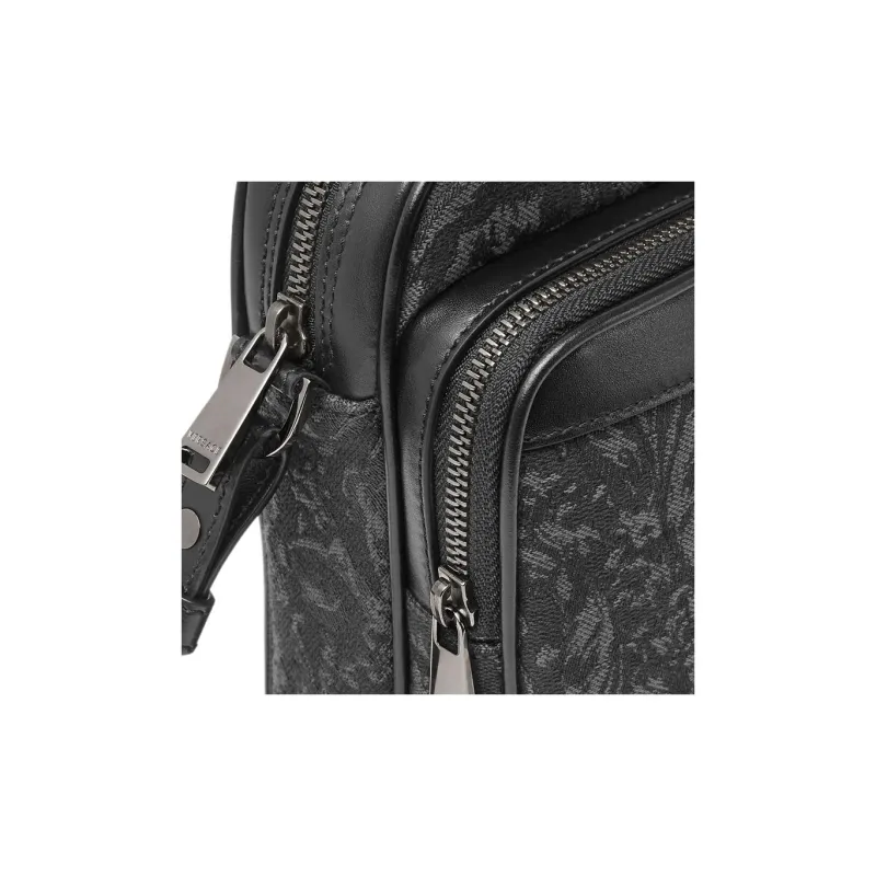 VERSACE Barocco Polyamide With Cotton Cell Phone Pouch Shoulder Bag Crossbody Bag Small Size Men's Black & Print-4