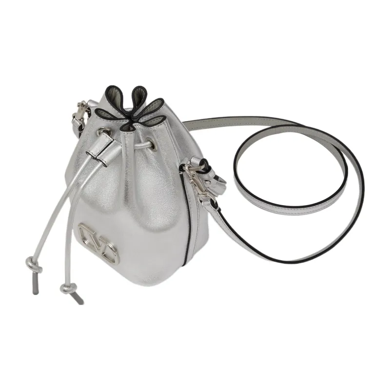 Valentino Vlogo Sheepskin Bucket Bags Shoulder Bag Crossbody Bag Handbag Mini Women's Silver-5