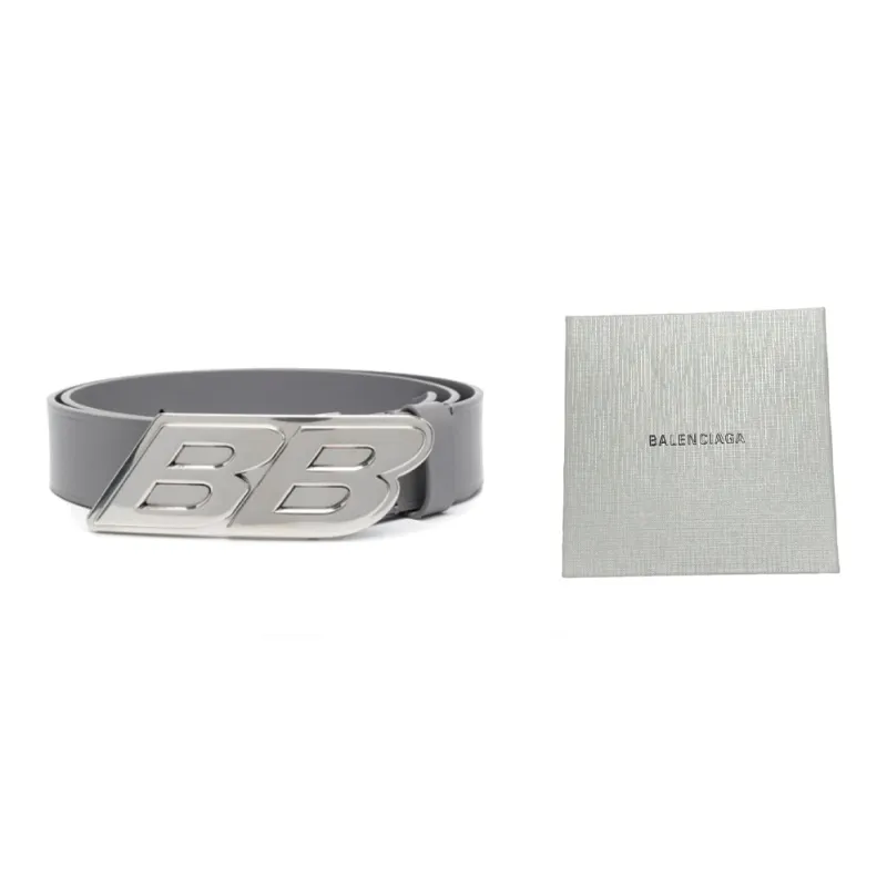 Balenciaga Double B Letter Logo Fashion Versatile Hook Leather Belts Men's Gray Width 3.5CM-0