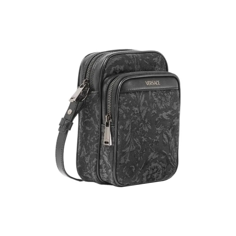 VERSACE Barocco Polyamide With Cotton Cell Phone Pouch Shoulder Bag Crossbody Bag Small Size Men's Black & Print-1