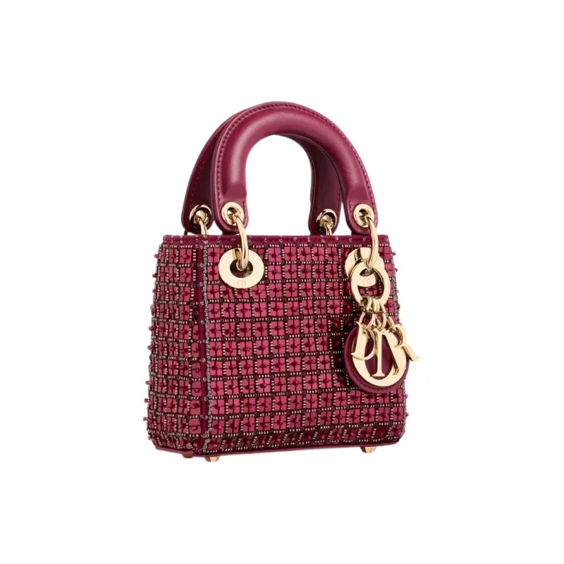 DIOR Lady Dior Pearl Embroidery Dior Bag Shoulder Bag Crossbody Bag Women's Burgundy-1