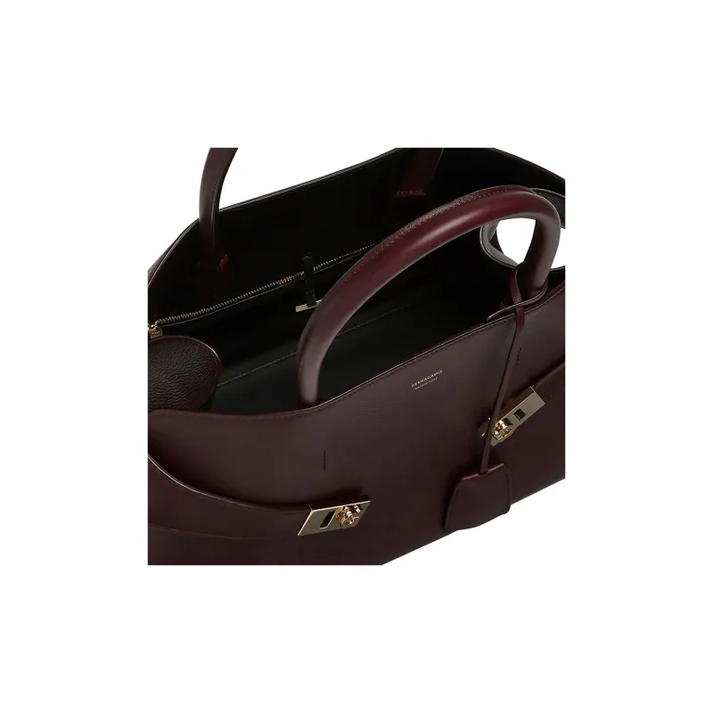 FERRAGAMO GANCINI Shiny Calfskin Shoulder Bag Crossbody Bag Handbag Medium Size Women's Dark Color Barolo-4