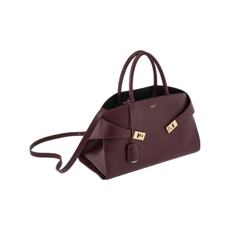 FERRAGAMO GANCINI Shiny Calfskin Shoulder Bag Crossbody Bag Handbag Medium Size Women's Dark Color Barolo-2