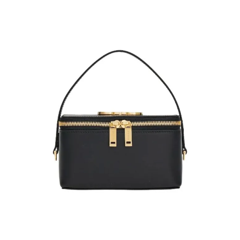 FERRAGAMO Palm Calfskin Handheld Makeup Bag Women's Black & Flame Red-0