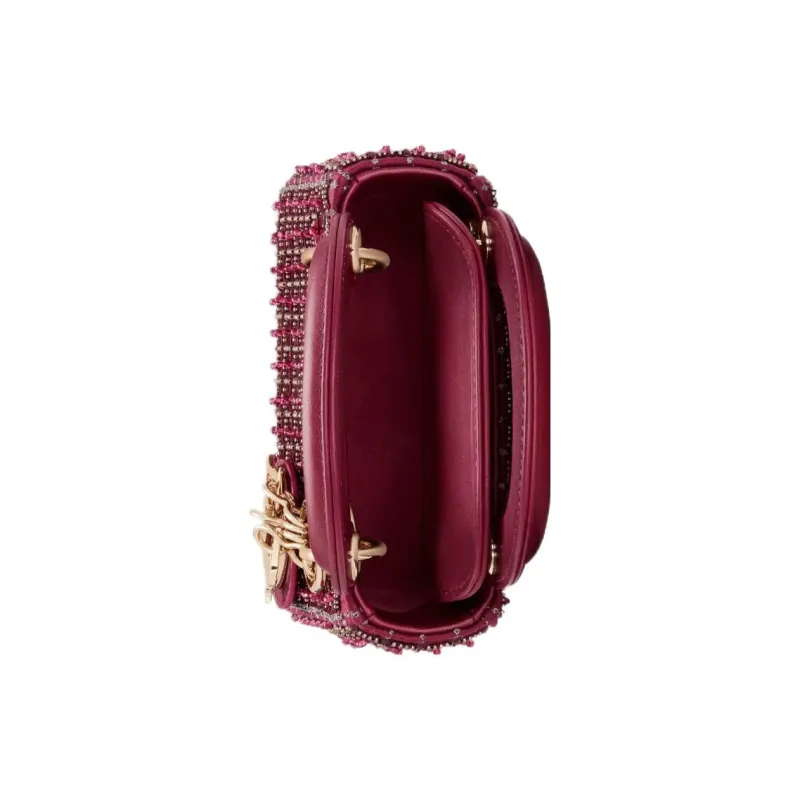 DIOR Lady Dior Pearl Embroidery Dior Bag Shoulder Bag Crossbody Bag Women's Burgundy-3