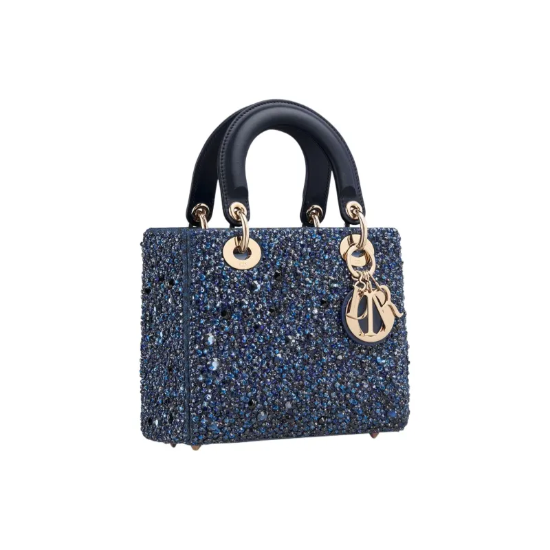 DIOR Lady Dior Rhinestone Embroidered Satin Dior Bag Shoulder Bag Crossbody Bag Handbag Small Size Women's Blue-1