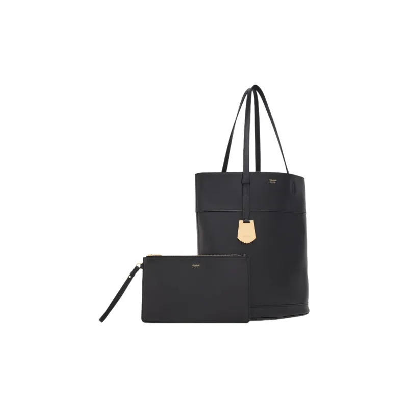 FERRAGAMO Smooth Calf Leather Tote Bag, Shopping Bag, Handbag Medium Size Women's Black-3