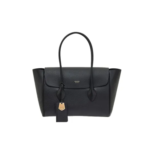 FERRAGAMO Hammered Calfskin Tote Bag, Shopping Bag, Handbag Large Size Women's Black