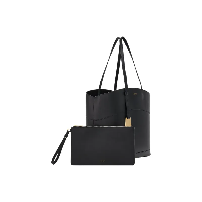 FERRAGAMO Smooth Calf Leather Tote Bag Shopping Bag Handbag Medium Size Women's Black-3