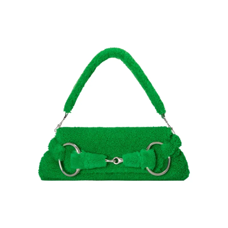 GUCCI Horsebit 1955 Milu Wool Handbag Shoulder Bag Medium Size Women's Green-5