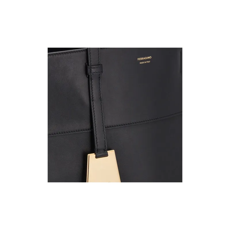 FERRAGAMO Smooth Calf Leather Tote Bag, Shopping Bag, Handbag Medium Size Women's Black-5