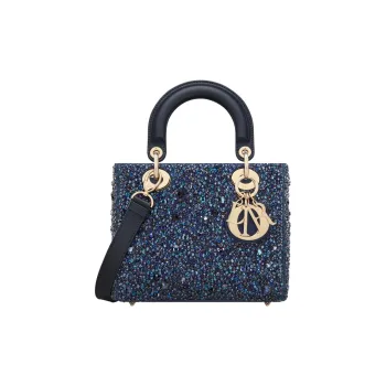 DIOR Lady Dior Rhinestone Embroidered Satin Dior Bag Shoulder Bag Crossbody Bag Handbag Small Size Women's Blue
