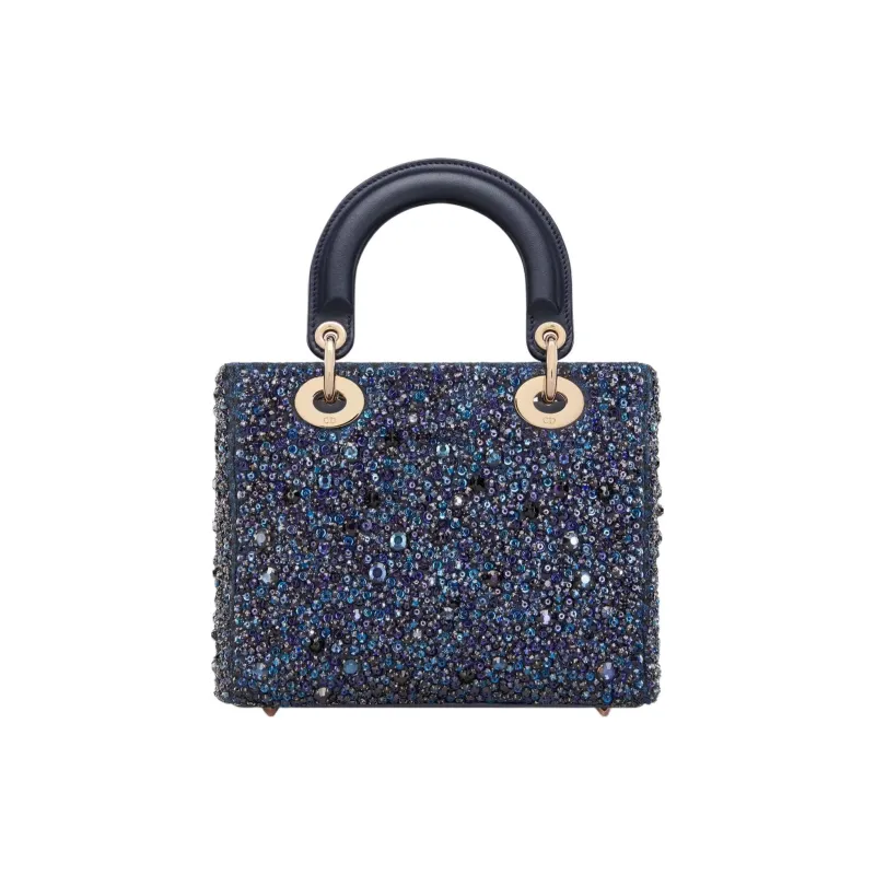 DIOR Lady Dior Rhinestone Embroidered Satin Dior Bag Shoulder Bag Crossbody Bag Handbag Small Size Women's Blue-2