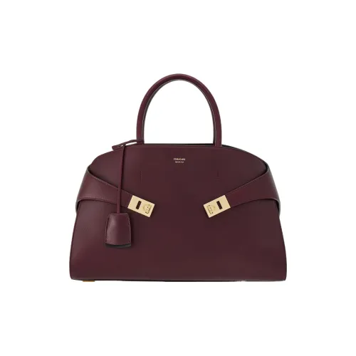 FERRAGAMO GANCINI Shiny Calfskin Shoulder Bag Crossbody Bag Handbag Medium Size Women's Dark Color Barolo