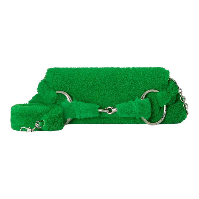 GUCCI Horsebit 1955 Milu Wool Handbag Shoulder Bag Medium Size Women's Green-3