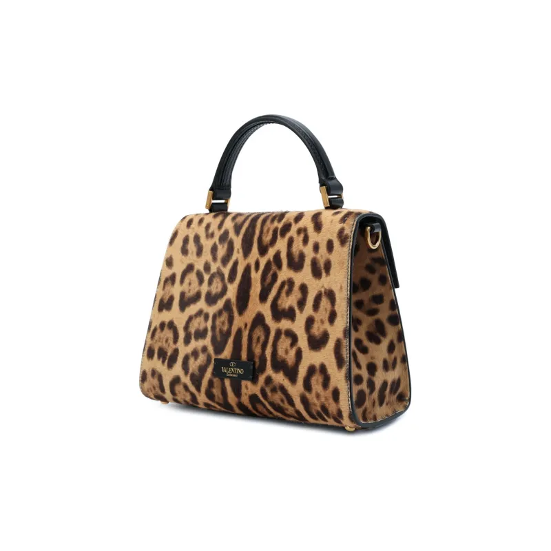 Valentino VSLING Short-Haired Calfskin Shoulder Bag Crossbody Bag Handbag Small Size Women's Leopard Print Brown-3