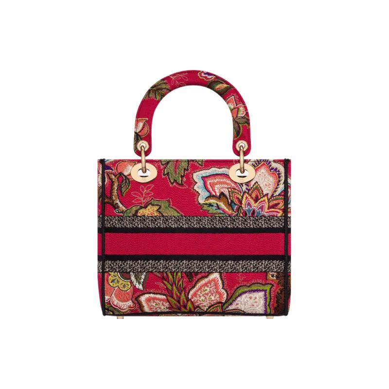 DIOR Lady D Lite Embroidery Dior Bag Shoulder Bag Crossbody Bag Handbag Medium Size Women's Red Multicolor-3