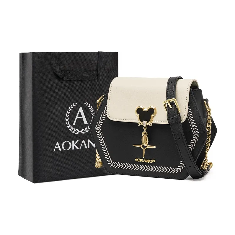 AOKANG Cow Leather Hexagonal Bag, Commute Bag, Shoulder Bag, Crossbody Bag Small Size Women's Cardamom Green/Black-5