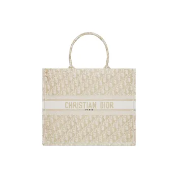 DIOR BookTote Embroidery Tote Bag Shopping Bag Handbag Large Size Women's White & Gold