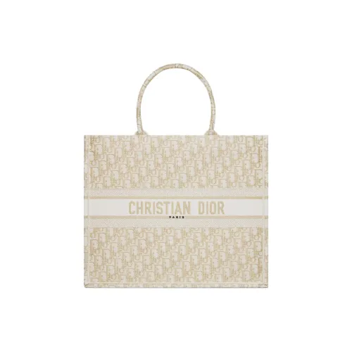 DIOR BookTote Embroidery Tote Bag Shopping Bag Handbag Large Size Women's White & Gold