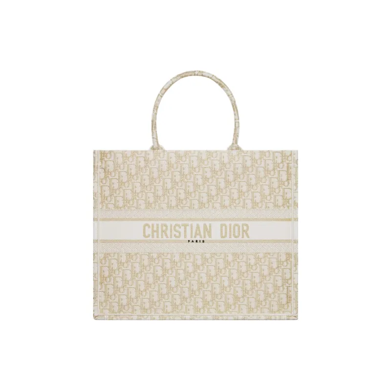 DIOR BookTote Embroidery Tote Bag Shopping Bag Handbag Large Size Women's White & Gold-0