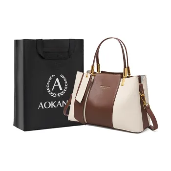 AOKANG Cow Leather Mom Bag, Tote, One Shoulder Handbag Medium Size Women's Light Coffee/Classic Black/Beige Apricot
