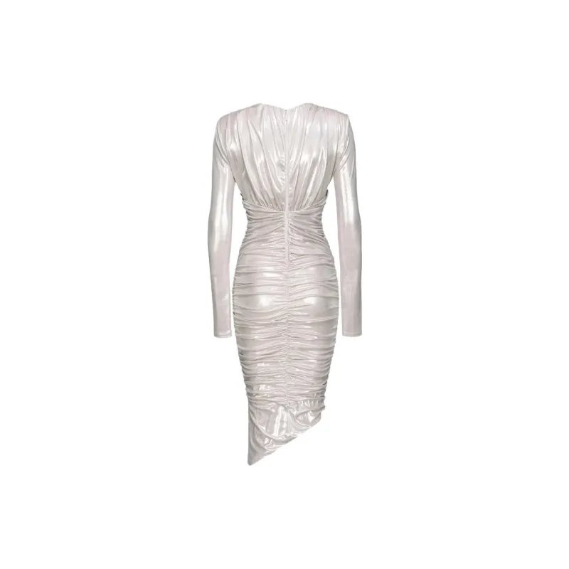 PINKO Asymmetric Hem Gathered Metallic Midi Dress-1