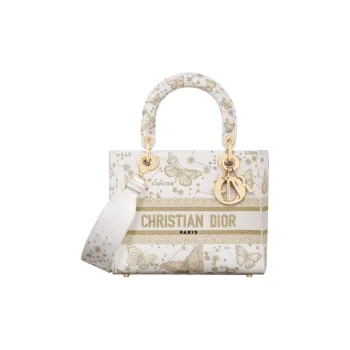 DIOR Lady D Lite Embroidery Lady Dior Bag, Shoulder Bag, Crossbody Bag, Handbag Medium Size Women's Gold & White