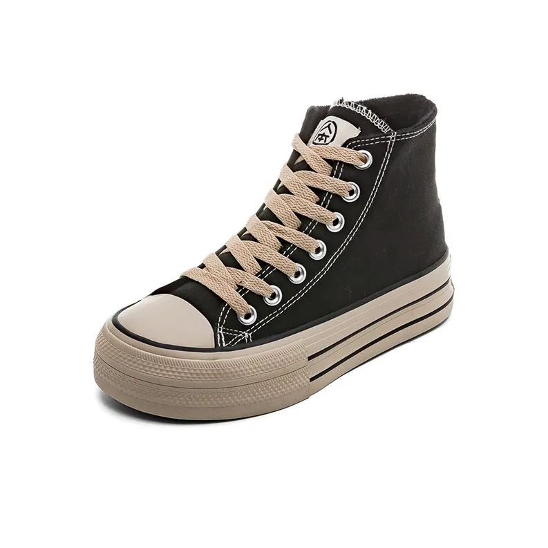 RENBEN Anti Slip And Wear Resistant Warm Height Increasing High Top Canvas Shoes Women's Black Brown-2