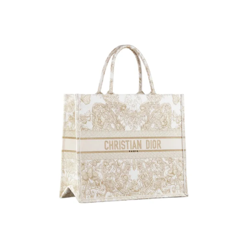 DIOR BookTote Embroidery Tote Bag, Shopping Bag, Handbag Tubas Women's Gold & White-1
